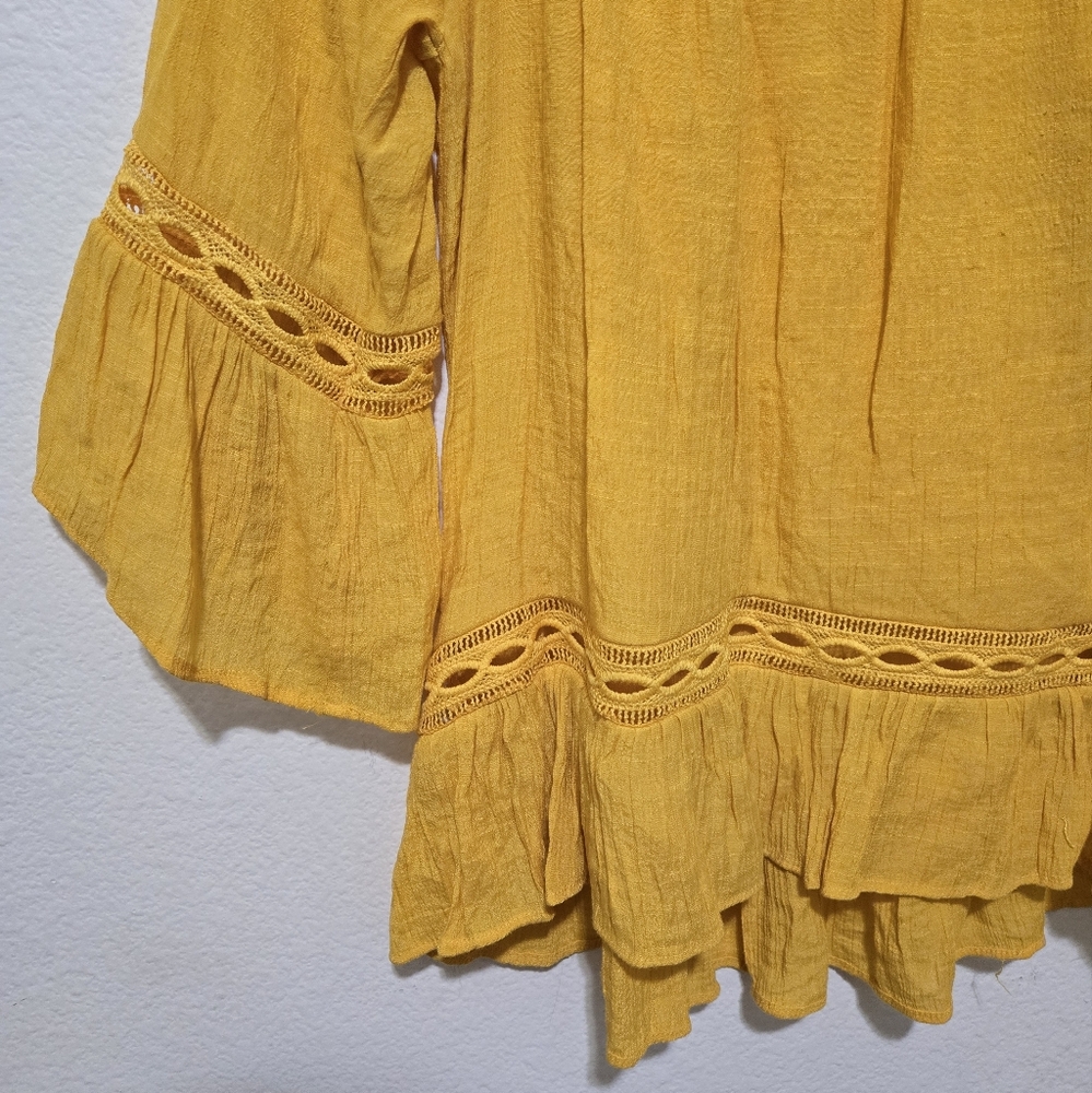 ​Zac & Rachel Mustard Yellow Boho Bell Sleeve Blouse Crochet Lace Trim Medium - Picture 4 of 13